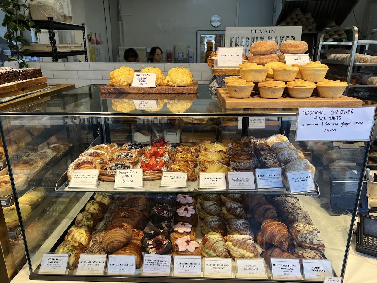 Levain bakery cabinet with pastries and bread